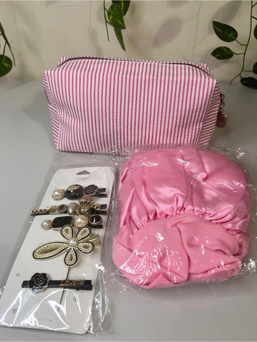 Coordinated Pink Hair Accessory Set with Striped Cosmetic Pouch